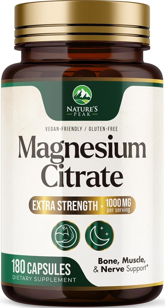 Magnesium Citrate 1000mg - High Absorption Magnesium Supplement Supports Muscle, Bone, Nerve & Heart Health - Extra Strength Magnesio Complex Pills - Non-GMO, Premium Energy Formula - 180 Capsules