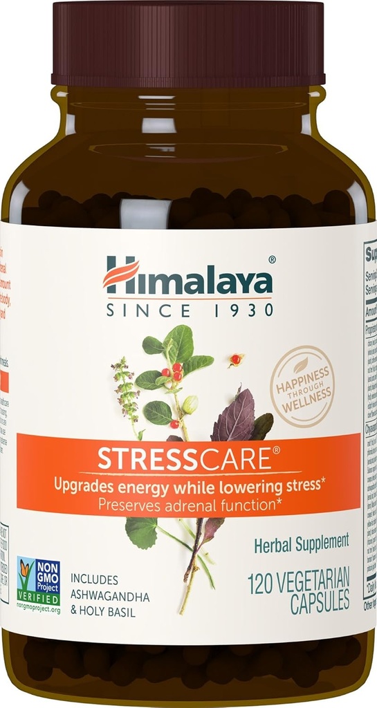 Himalaya StresCare, 30 Day Supply - Herbal Adrenal Destek Calming Relaxation, Stres Yardımı, Enerji Desteği ve Occasional Sleeplessness - Vegan, Non-GMO, Gluten Free, 120 Capsules