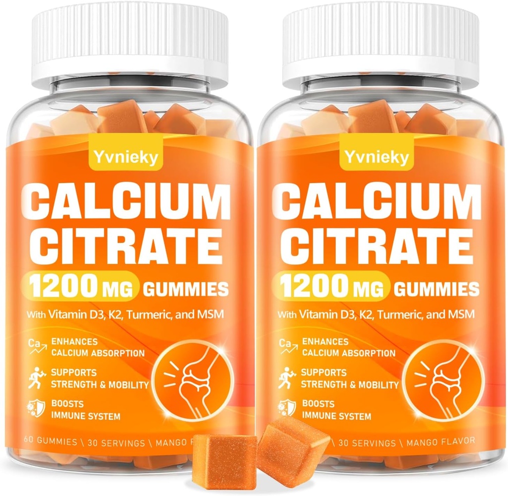 Ασβέστιο 1200 mg με Βιταμίνη D3 Συμπληρώματα Gummies για Ενήλικες - Ασβέστιο Κιτρικό με Βιταμίνη D3, K2, Κουρκουμάς, MSM για γυναίκες Άνδρες - Δύναμη Υποστήριξης Μυϊκό Ανοσοποιητικό - Χωρίς ζάχαρη, Φυσικό Μάνγκο Γεύση