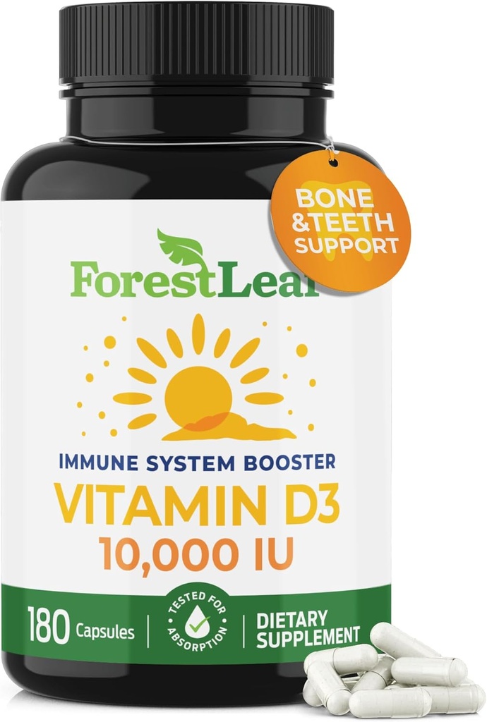 OrmanLeaf Vitamin D3 10.000 İ | VIT D - Kadınlar ve Erkekler için D3 Vitamin D Supplements | Bone Health, Teeth and Immune Support | Easy to Swallow Pills | High Potency Daily, 6Month Supply, 180 Caps