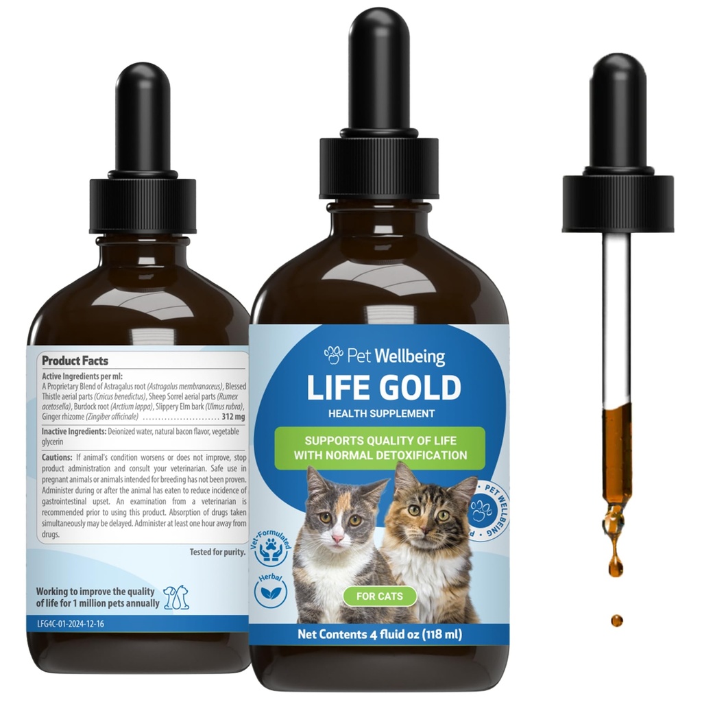 Pet Wellness Life Gold for Cats - Supports Detoxification, Immune System Health, Antioksis - Vet-Formated Herbal Supplement – 4 oz (118 ml)