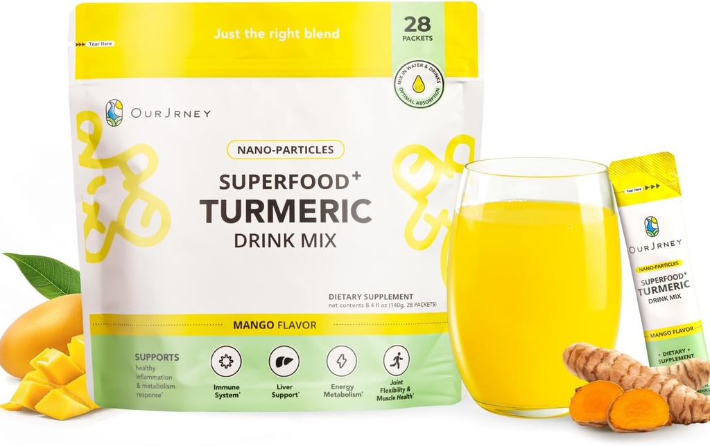 Nano Turmeric Curcumin Drink Toz, Golden Juice for Wellness & Immunity, No Turmeric Taste, Add to Smoothies /Water Daily Morning Routine-35X Abxia-Mango Flavor-Joint Support Supplement