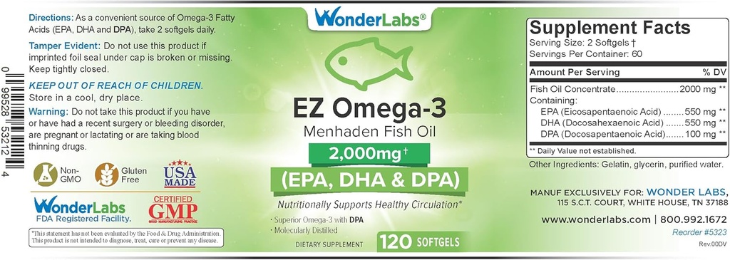 EZ Omega-3 Atlantic Menhaden Fish Oil Supplement 2000 mg, Burpless, ABD'de Made, Perfect Balance of EPA+ DHA + DPA 120 Softgels