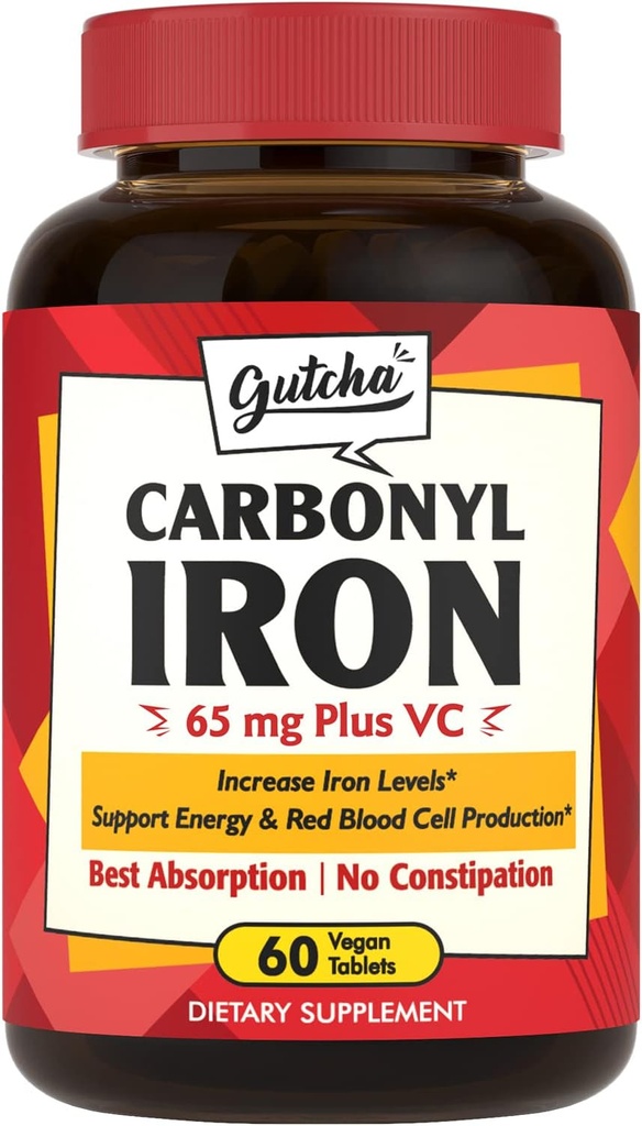 Demir Supplement, 65 mg Carbonyl Iron Plus C, Enerji ve Kan Kadın ve Erkekler için Destek, Daha İyi Absorpsiyon, Stomach'da Nazi, No Nausea, No Constipation, Vegan, Non-GMO, 60 Ctt