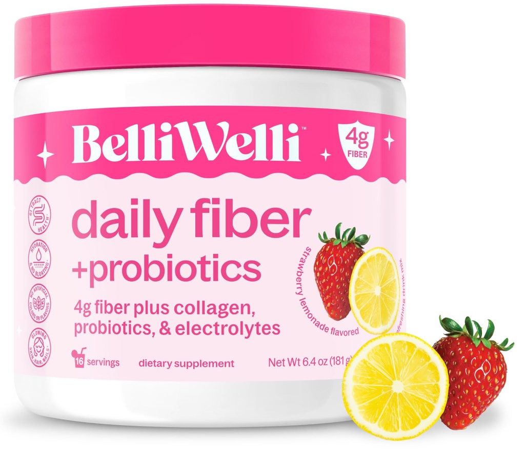 Kadınlar ve erkekler için belirli Welli Fiber Supplement, Organik Acacia'dan gelen Premium Daily Fiber Toz, Eklenme veProbiyotikler, No Bloat, Constipation &Gut Health Support (Strawberry Lemonade)