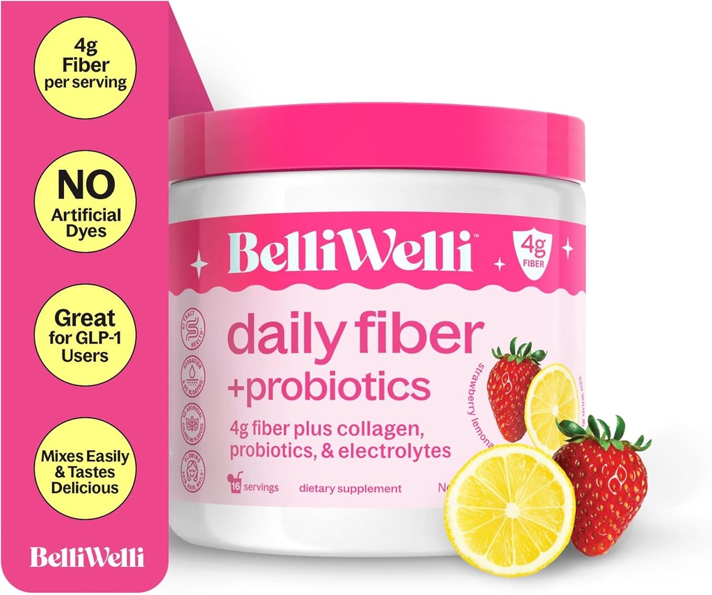 Kadınlar ve erkekler için belirli Welli Fiber Supplement, Organik Acacia'dan gelen Premium Daily Fiber Toz, Eklenme veProbiyotikler, No Bloat, Constipation &Gut Health Support (Strawberry Lemonade)