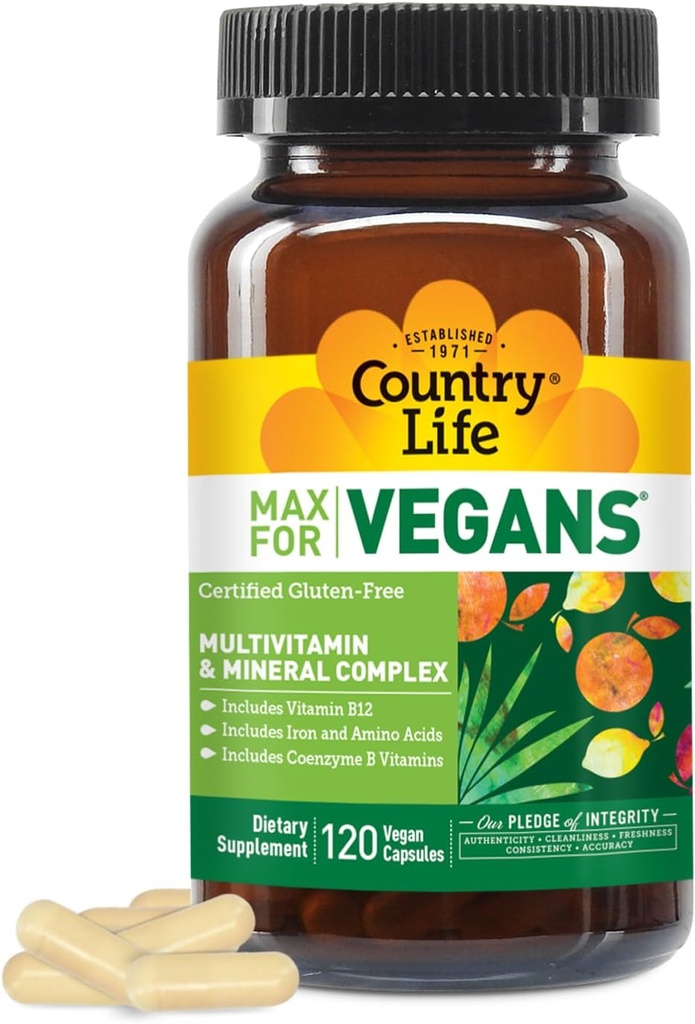 Country Life Max for Vegans - 120 Vegan Capsules - Daily Multivitamins - Immune Support Supplement - Contains Vitamin B12, Iron, Amino Asits, Coenzyme B Vitaminleri - Gluten-Free Vitaminleri - Gluten-Freevitaminler - Immune Support Supplement - Contains Vitamin B12, Iron, Palma Acids, Coenzyme B Vitaminleri - Gluten-Free