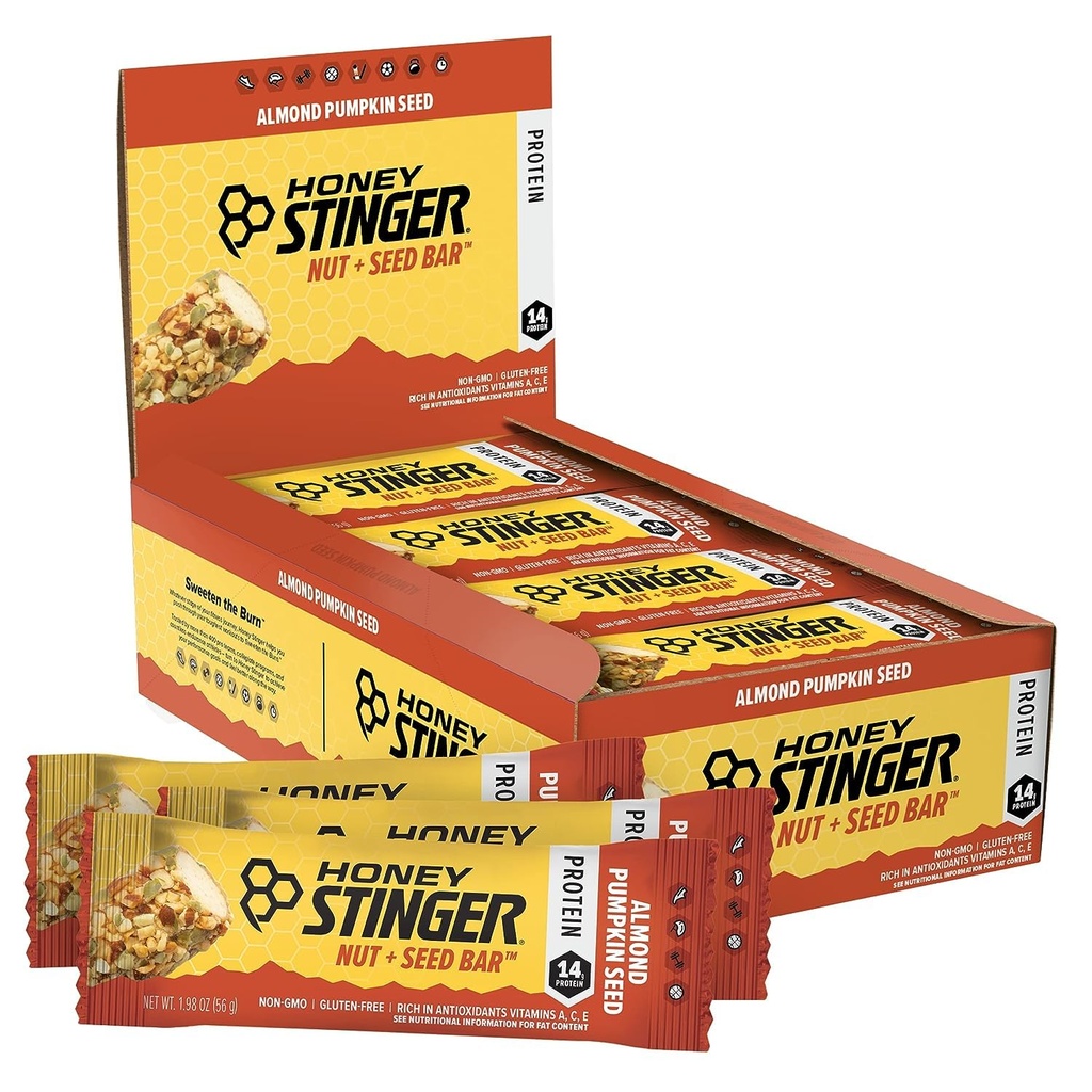 Honey Stinger Nut + Seed Bar, Almond Pumpkin Seed, Protein Packed Food for Exercise, Endurance, Performance and Recovery, Sports Nutrition Snack Bar for Home & Gym, Post Workout, Box of 12