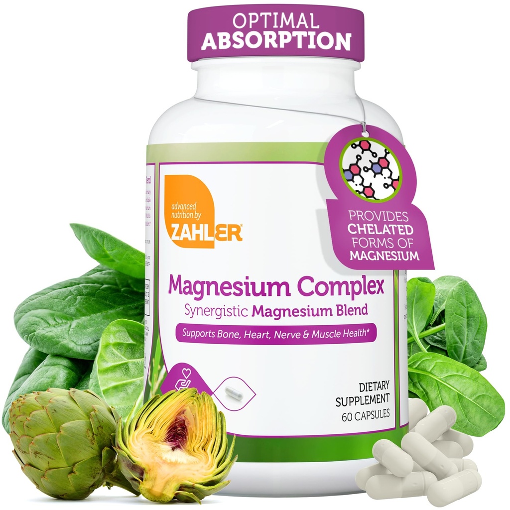 Zahler Magnezyum Kompleksi - Magnezyum Glycinate, Malate, Aspartate, Taurinate ve Oksit Plus Vitamin B6 - Bone Nerve Heart & Muscle Health (60 Capsules)
