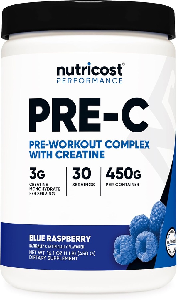 Nutricost Pre-C Pre-Workout Kompleks witht Tinaine (Mavi Rasberry | 30 Hizmet) Toz - Fintess Routines, 450g