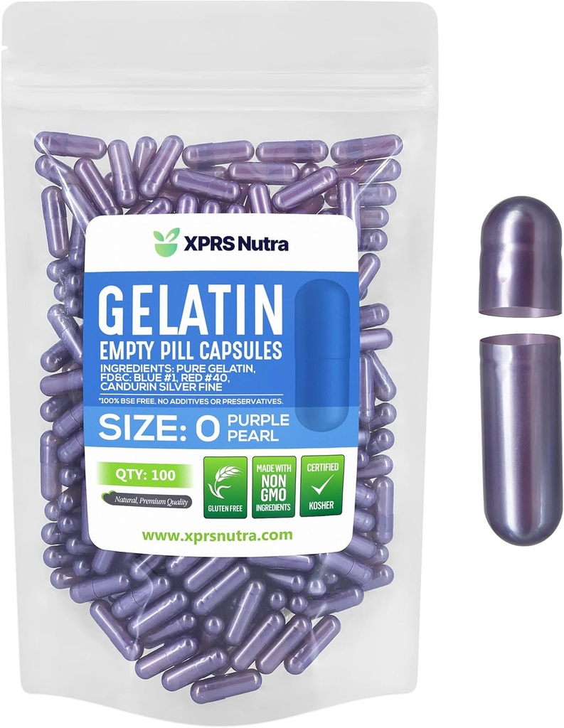 XPRS Nutra Size 0 Empty Capsules - 100 Count Empty Gelatin Capsules - Pills for DIY Capsule Filling - Pure Bovine Pill Gel Caps for Do-It-Yourself Supplements (Pearl Purple)