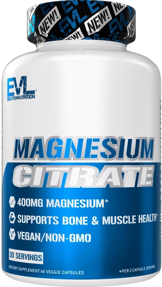 EVL Magnesium Citrate Capsules 400mg - Muscle and Bone Health Supplement with Pure Magnesium Citrate for Muscle Relaxation and Bone Strength - 60 Veggie Capsules for Health