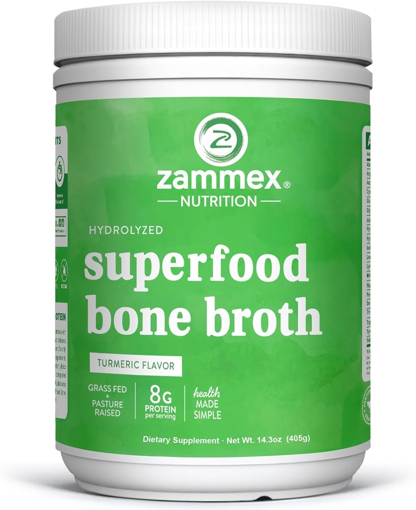 Zammex Broth Bone Plus Superfood Protein Powder (Turmeric Flavor), 8g Υδρολυμένη πρωτεΐνη με βιταμίνη D, για υγιές δέρμα, νύχια, τρίχες, αρθρώσεις & Digestion, Non-GMO (30 υπηρεσίες)