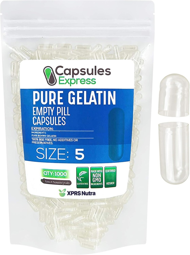 XPRS Nutra Boyutu 5 Boş Kapsüller - 5000 Kont Çok Küçük Clear Boş Gelatin Capsules - Pills DIY Capsule - Do-It-Yourself Vitamin Supplements için Kullanılabilir Pill Gel Caps