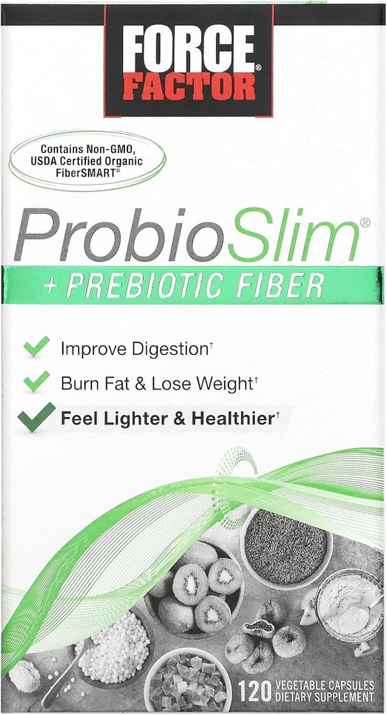 Force Factor ProbioSlim + Prebiotic Fiber Weight Loss Supplement για γυναίκες και άνδρες, Probiotic και Prebiotic Digestive Health Support with Green Tea Extract and Psyllium Husk Fiber, 120 κάψουλες