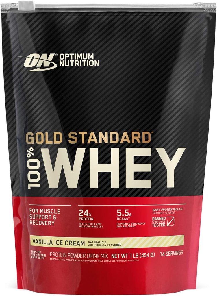 Optimum Nutrition Gold Πρότυπο 100% Whey Protein Powder, παγωτό βανίλια, 1 λίρα (συσκευασία Μαΐου Vary)