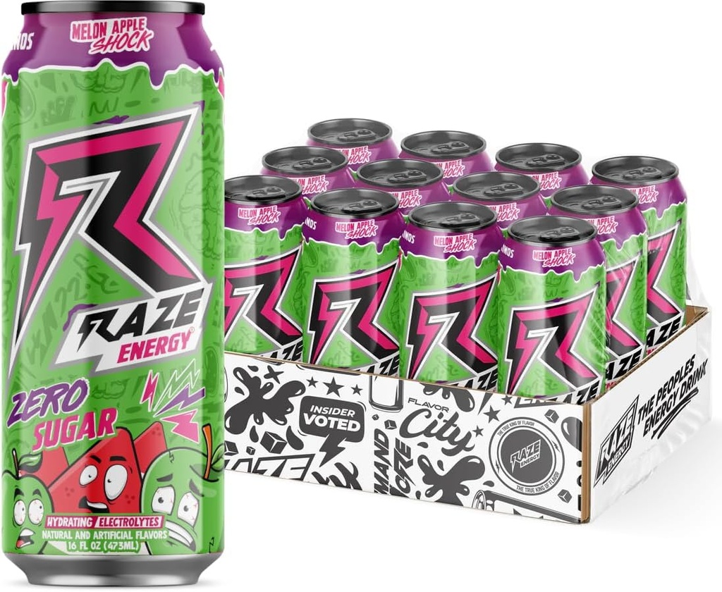 RAZE Zero Sugar Energy Drink, 300mg Caffeine, Zero Calories, Performance and Hydration, Prime Choice Sugar Free Drinks for Sustained Energy & Focus (Melon Apple Shock 12 Pack)