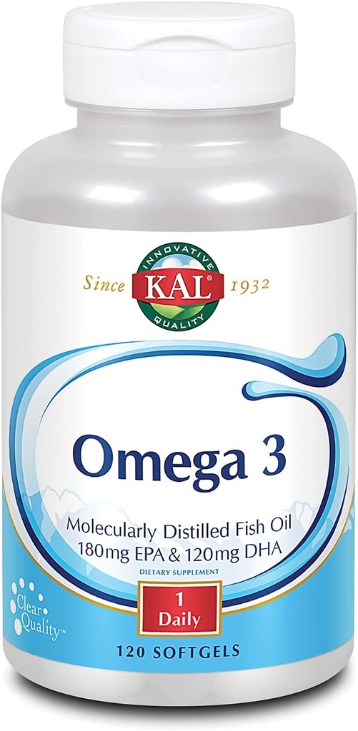KAL Omega 3 | Omega-3 Balık Yağı Sağlıklı Kalp, Ortak ve Beyin Desteği | 180mg EPA, 120 mg DHA (120 CT, 120 Serv)