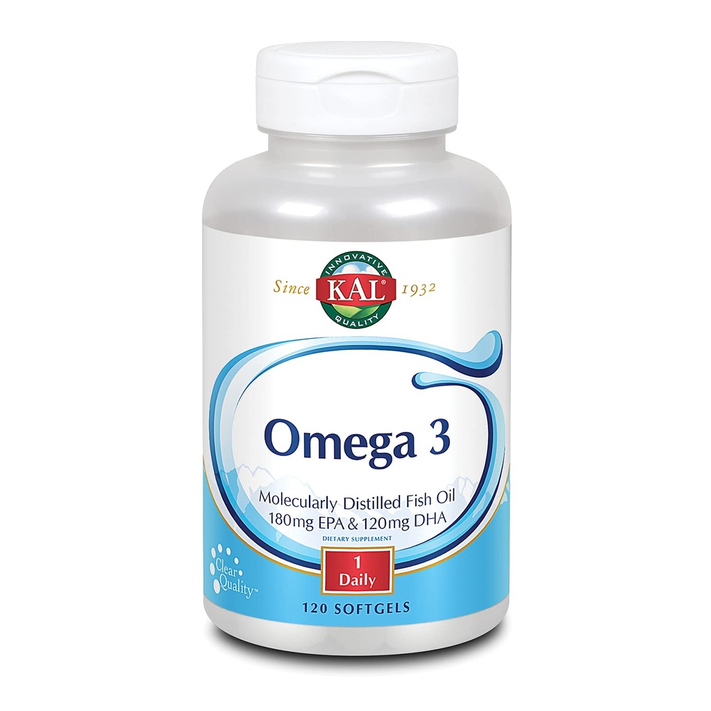 KAL Omega 3 | Omega-3 Balık Yağı Sağlıklı Kalp, Ortak ve Beyin Desteği | 180mg EPA, 120 mg DHA (120 CT, 120 Serv)