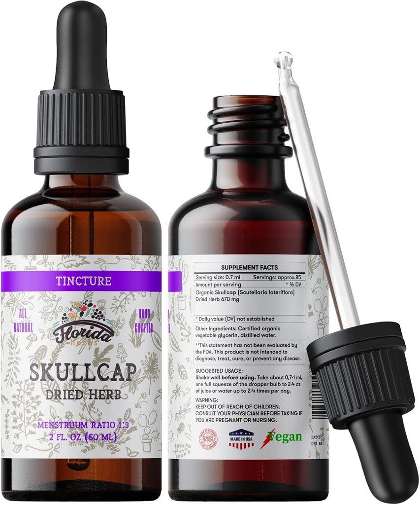 Skullcap Tincture, Organik Skullcap Ekstraksiyon, Skullcap Drops (Scutellaria lateriflora) herb 2 0z (60 ml)