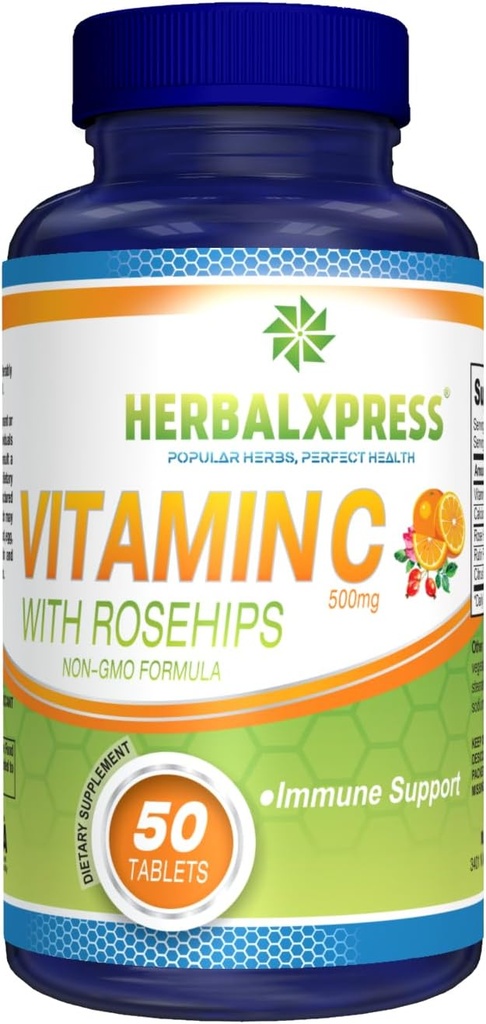 Herbalxpress Vitamin C 500mg με Rose HIPS, Ασκορβικό οξύ & εσπεριδοειδή Bioflavonoids 50 Tablets (1 Tub) - The Powerful Duo:- A Συμπληρωματική προσέγγιση για την ενίσχυση του ανοσοποιητικού σας συστήματος.