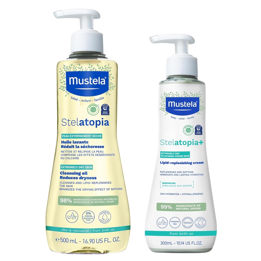 Mustela Stelatopia Eczema-Prone Skin Bath Time Gift Set - Family Skin Care Essentials - Natural Aokado & Sunflower Oil - EWG Onaylandı - 2 Stelatopia Cleansing Oil and Stelatopia+ Cream