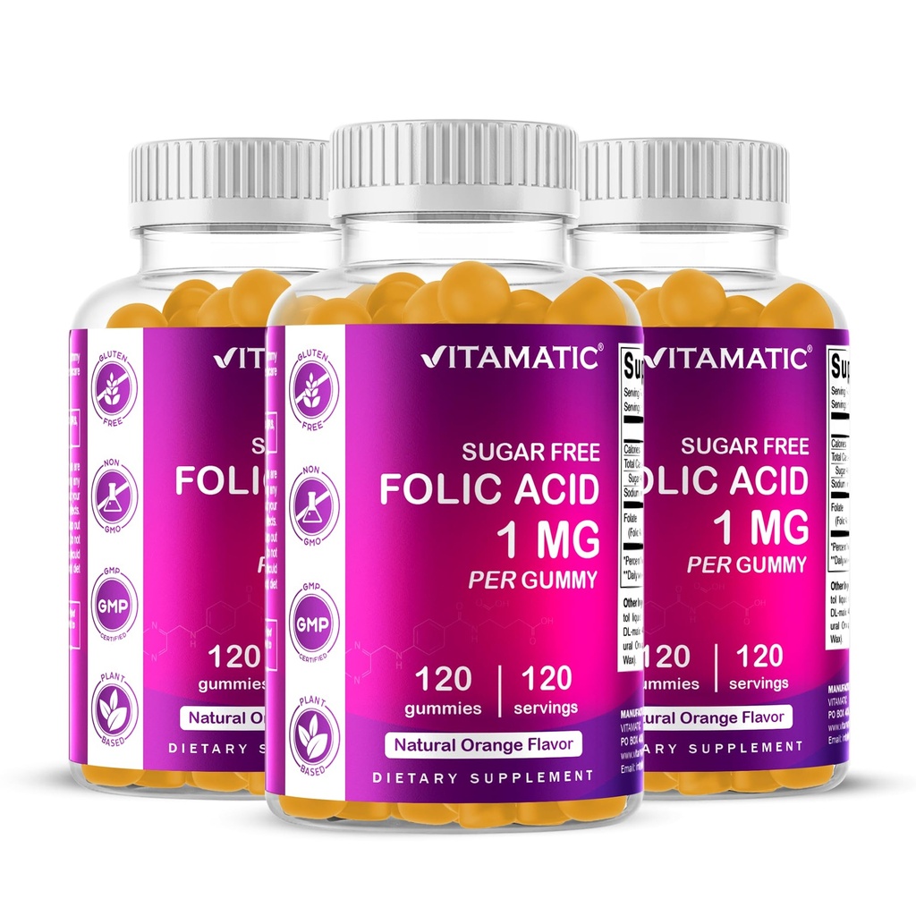 Vitamatic Follic Acid Gummies 1000 mcg (1 mg) - μια απαραίτητη προγεννητικές βιταμίνες για τη μαμά & το μωρό - βιταμίνη Β9-120 Vegan Gummies (1)