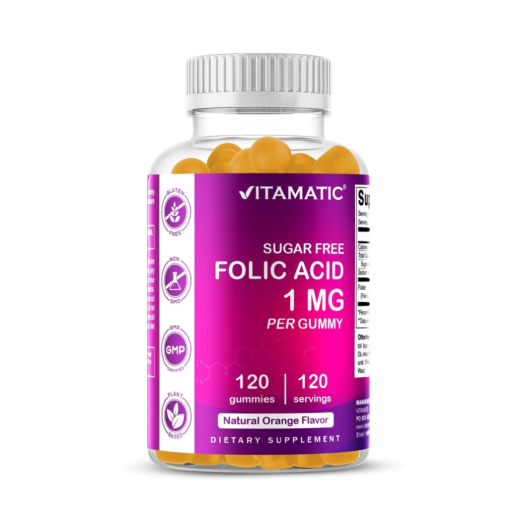 Vitamatic Folic Acid Gummies 1000 mcg (1 mg) - Anne ve Bebek için Temel Prenatal Vitaminler - B9-120 Vegan Gummies (1)