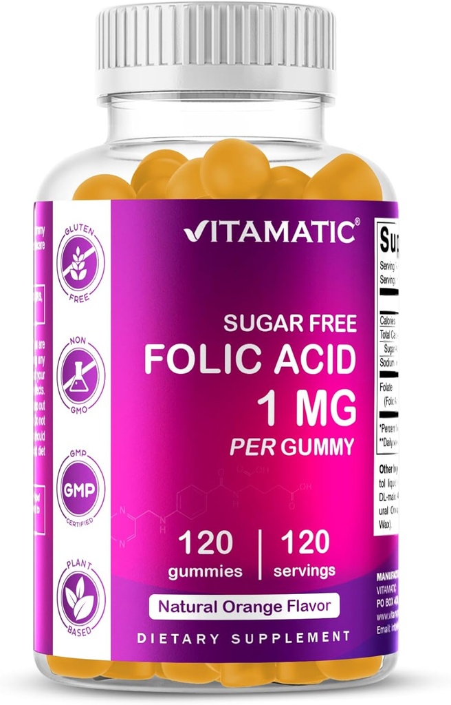 Vitamatic Follic Acid Gummies 1000 mcg (1 mg) - μια απαραίτητη προγεννητικές βιταμίνες για τη μαμά & το μωρό - βιταμίνη Β9-120 Vegan Gummies (1)