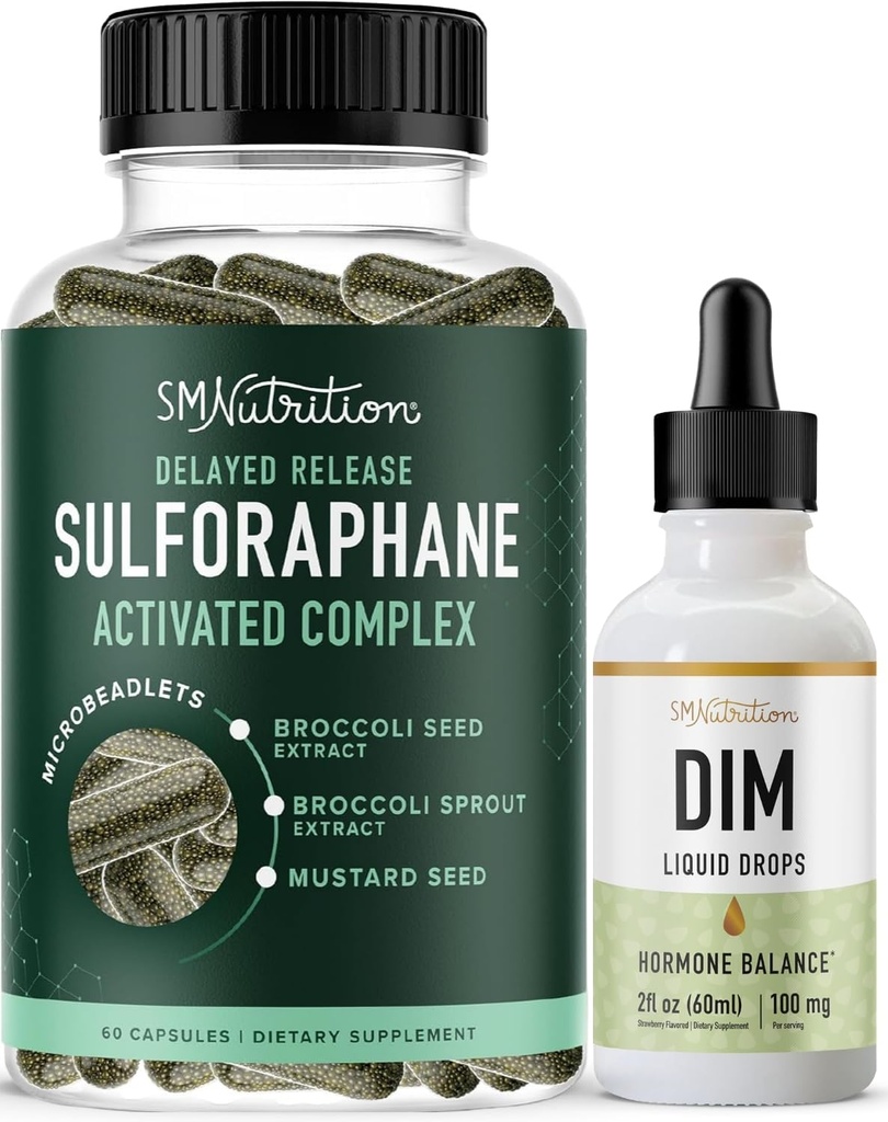 SMNutrition Liquid DIM Supplement & Sulforaphane Kompleksi | Estrogen Hormon Balancing Sche with Aktif Microbeadlet Sulforaphane Supplement (30 Servisler) ve 100 mg DIM Liquid Drops (25 hizmet)