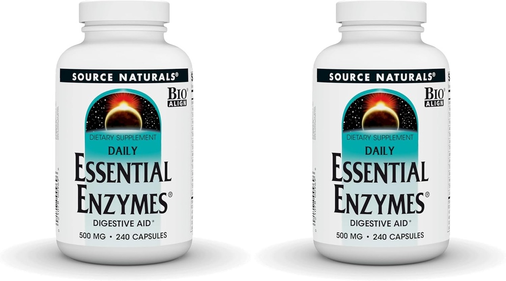 Source Naturals Essential Enzymes 500 mg Bio-Aligned multiple Enzyme Supplement Herbal Defense for Digestion, Gas, Constipation & Bloating Relief - Supports Immune System - 240 Capsules (Pack of 2)