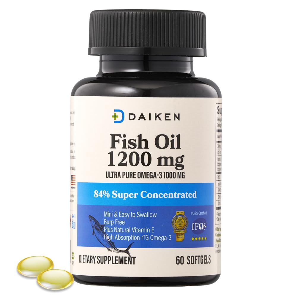 DAIKEN Mini Balık Yağı 1200 mg, rTG Omega 3 1000 mg, 60 Softgels, Yüksek Apsiyon ve Burpless Balık Yağı Sağlıklı Kalp, Beyin ve Kuru Gözler Desteği