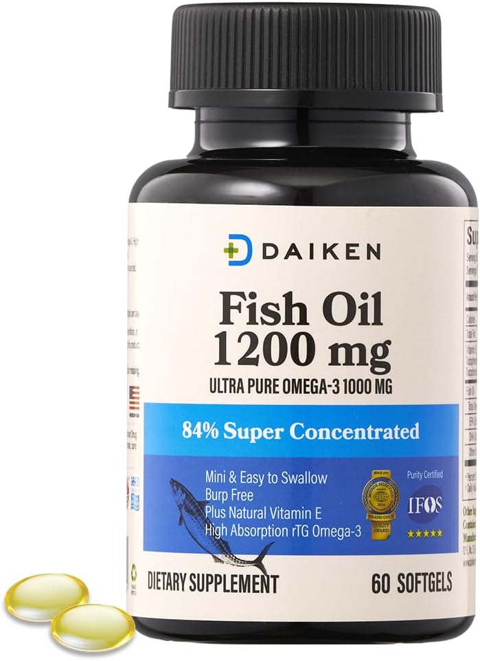 DAIKEN Mini Balık Yağı 1200 mg, rTG Omega 3 1000 mg, 60 Softgels, Yüksek Apsiyon ve Burpless Balık Yağı Sağlıklı Kalp, Beyin ve Kuru Gözler Desteği