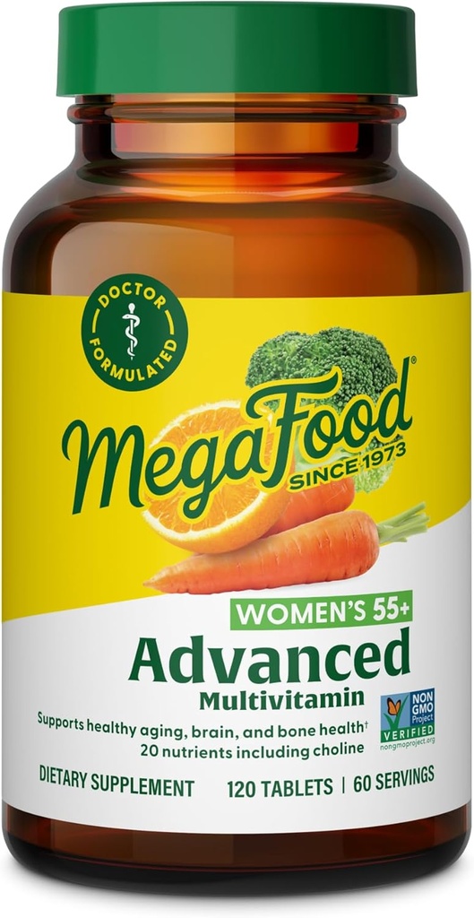 MegaFood Women's 55+ Advanced Multivitamin for Women - Doctor-Formated with Choline, Vitamin D3, Vitamin B12, Biotin - Plus Real Food - Optimal Aging, Vegetarian - 120 Tabs (60 Hizmet)