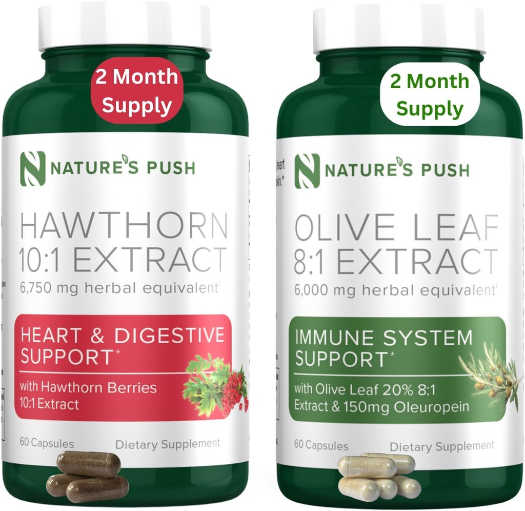 Nature's Push Hawthorn Berry ve Olive Leaf Sche of Super Potent 10:1 Hawthorn Berry Etiketi (2 Ay Supply) ve Olive Leaf Super Potent 8:1% 20 Ol Europein 750 mg Capsule (2 Ay Supply)