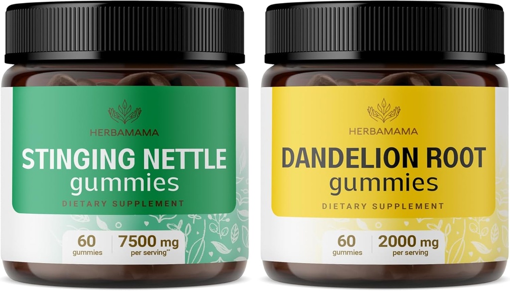 HERBAMAMA Nettle ve Dandelion Kit - 7500 mg Sting Nettle & 2000 mg Dandelion Root Gummies - Vegan, Non-GMO, Gelatin-Free - 2 Pack