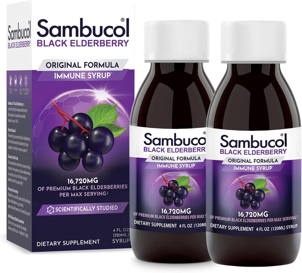 Sambucol Black Eldere Syrup - Sambucus Elderberry Syrup, Black Elderberry, Immune Support for Kids and Yetişkinler, High Antisoxy, Gluten Free - Original Formula, 4 Fl Oz, 2Pack