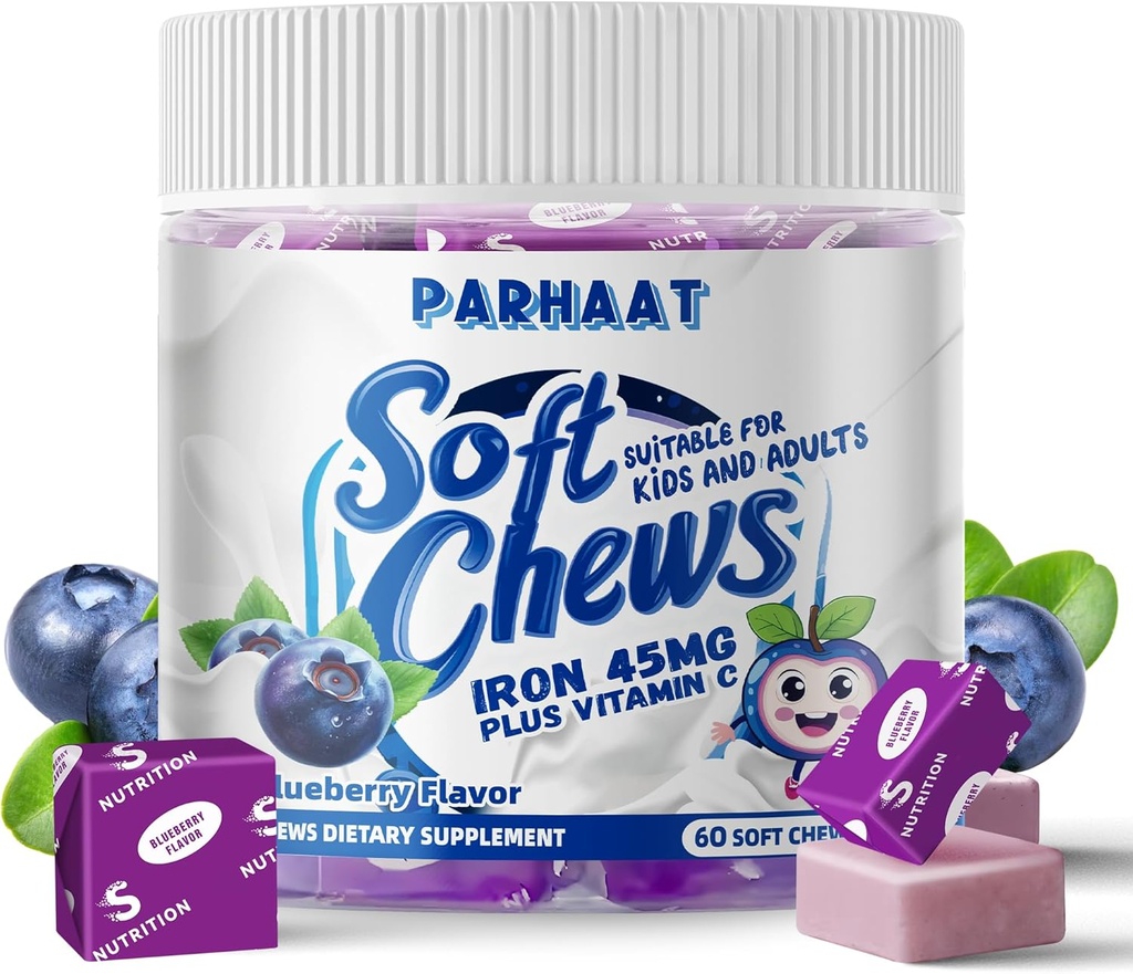 Demir Soft Chew Supplement ile C | Blueberry Flavored | Gluten Free | Kadın Erkek ve Çocuklar için Demir Supplement | 60 Kont | 2 Ay Supply
