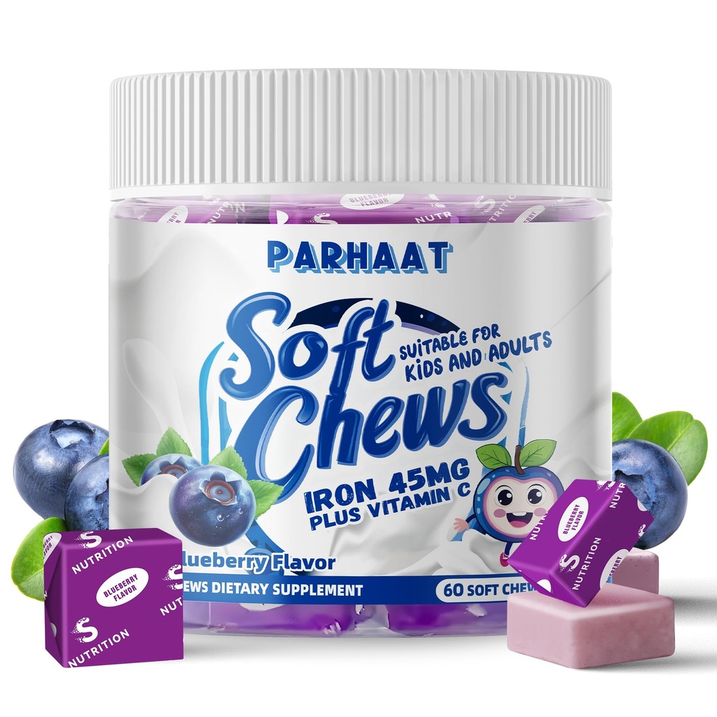 Demir Soft Chew Supplement ile C | Blueberry Flavored | Gluten Free | Kadın Erkek ve Çocuklar için Demir Supplement | 60 Kont | 2 Ay Supply