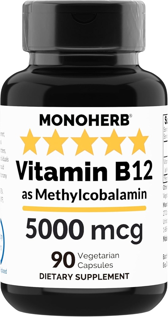 MONOHERB Vitamin B12 Mecobalamin 5000 mcg - 90 Vegetarian Capsules - B12 Torch