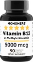 MONOHERB Vitamin B12 Mecobalamin 5000 mcg - 90 Vegetarian Capsules - B12 Torch