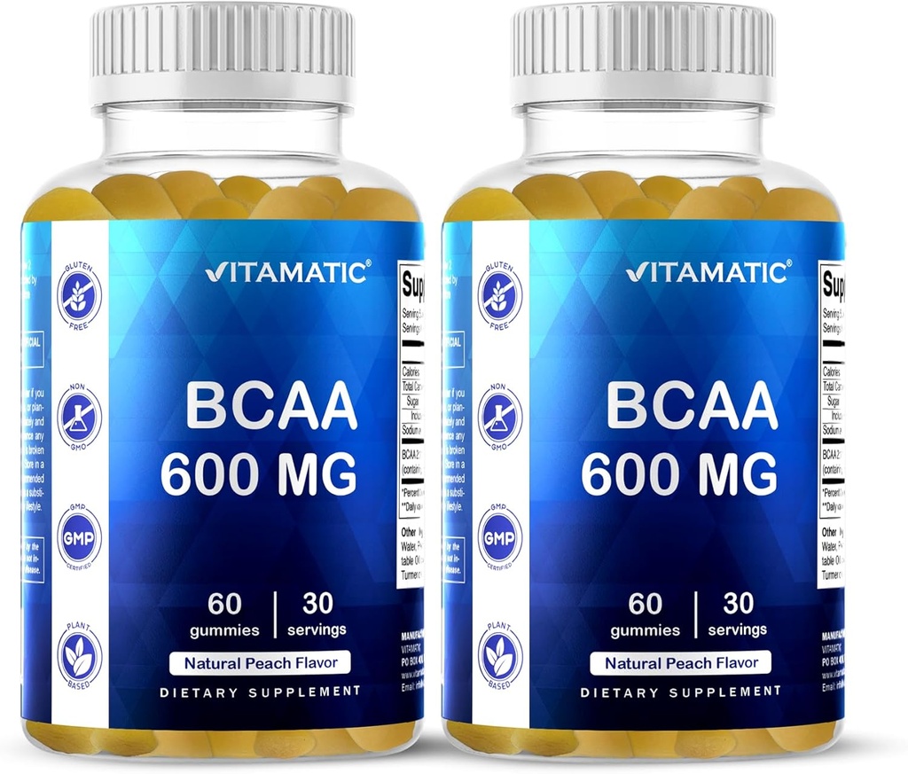 Vitamatic BCAA Gummies - Κλάδος αλυσίδα Amino Acid Συμπληρώματα - Ροδάκινο Γεύση - 600mg ανά υπηρεσία - 60 Vegan Pectin Based Gummies (2 μπουκάλια)