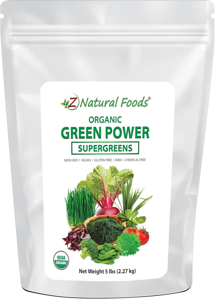 Z Natural Foods Organic Greens Superfood Powder - Burley Grass, Wheatgrass, Spirulina, Spinach, Broccoli, Alfalfa Leaf, Beet Root, Tomato, Dulse & Moringa - Ακατέργαστη Vegan Gluten Free - 5lbs