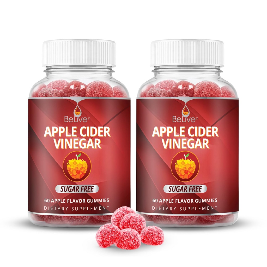 Belive Apple Cider Vinegar Sugar Free Gummies – Μεγάλη για Digestion & Healthy Diet - Χωρίς γλουτένη, χωρίς σιρόπι γλυκόζης, ACV Gummies Εναλλακτική για κάψουλες & ποτά (120 Ct) – 2 Pack