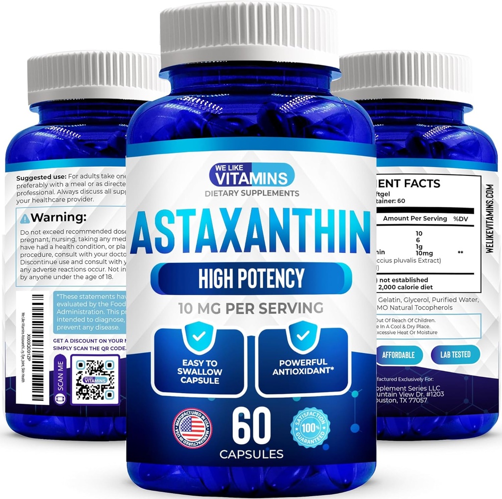 Vitaminler Astaxanthin 10 mg Softgel gibi - Haematococcus Pluvialis'den Yüksek Potent Astaxanthin Supplements - Finds Eye, Joint, Skin Health & Energy Levels - 60 Count, 2 Ay Supply