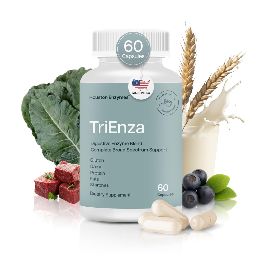 Houston Enzymes TriEnza - Gluten, Casein, Soy, Proteinler, Carbohidratlar, Fats & Polyols - Kadınlar ve Erkekler için Enzymes (60 Capsules)
