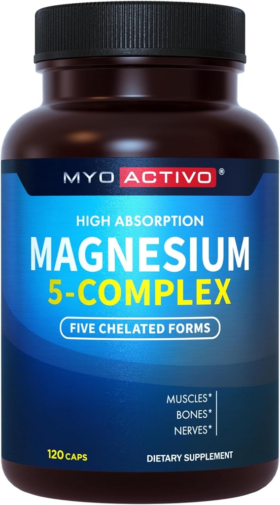 5-in-1 Magnezyum Kompleksi - Yüksek Abvitamin - Chelated Magnezyum Glycinate, Malate, Citrate, Taurate, & Aspartate for Nerves, Muscles, Bones | 120 Capsules | Magnezyum Supplement