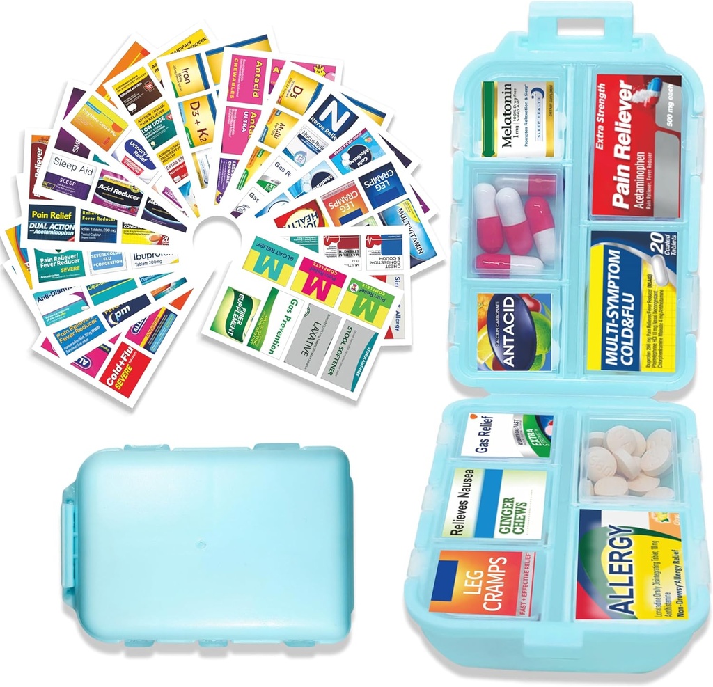 Pill Organizer with Medicine 146 Etiketler Seyahat Günlük Pill Konteyner Mini İlaç Organize Depolama Pill Organizer Travel Essentials Pill Case 7 Day (Mavi, 1 Pack (Large))