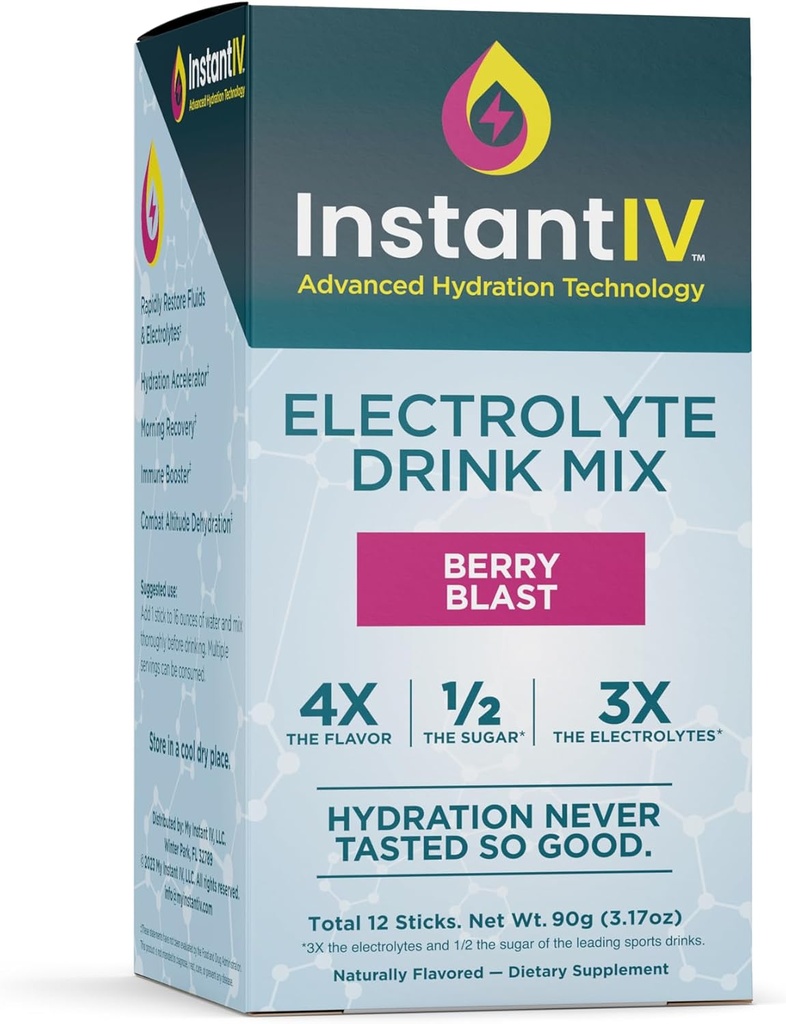 Elektrolytes Toz - 3X Elektrolytes,1/2 Vitamin C, B3, B6, Alfation, Recovery & Immunity, Vegan & Gluten Free | Berry Blast - 12 Packets