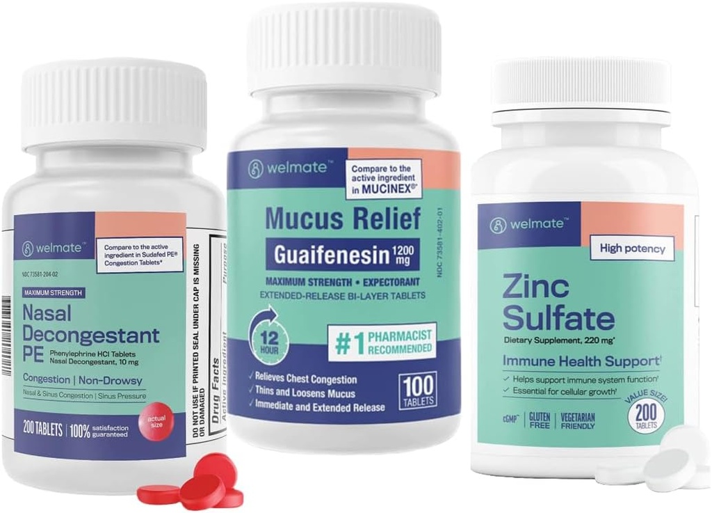 WELMATE Ultimate Cold & Anti Allergy Relief Sche: Maksimum Kuvvetli Guaifenesin 1200 Mg Mucus Relief (100 Tablet), Phenylephrine HCl 10 mg Nasal Decongestant (200 Tablet) & Çinko Sulfate 220 mg